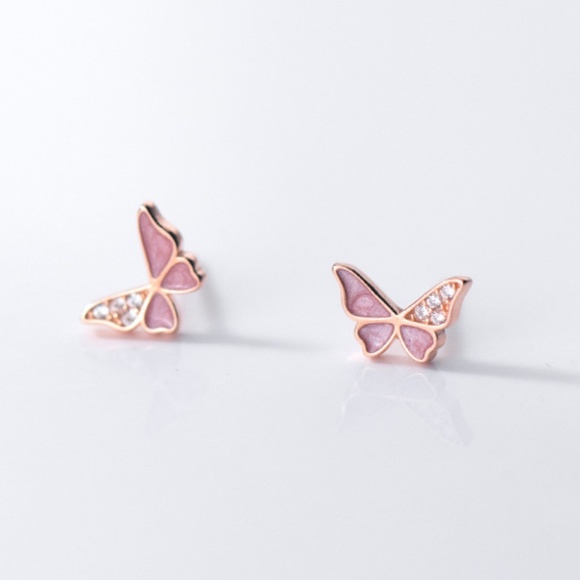 Sterling Silver Butterfly Earrings w/ rhinestone center & marbled pink stone - Picture 1 of 5